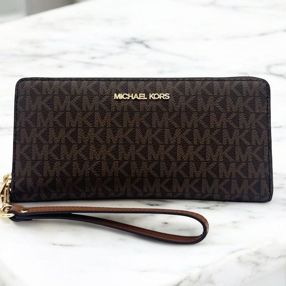 Michael Kors Large Continental Wallet Wristlet Brown Signature - Picture 2 of 8